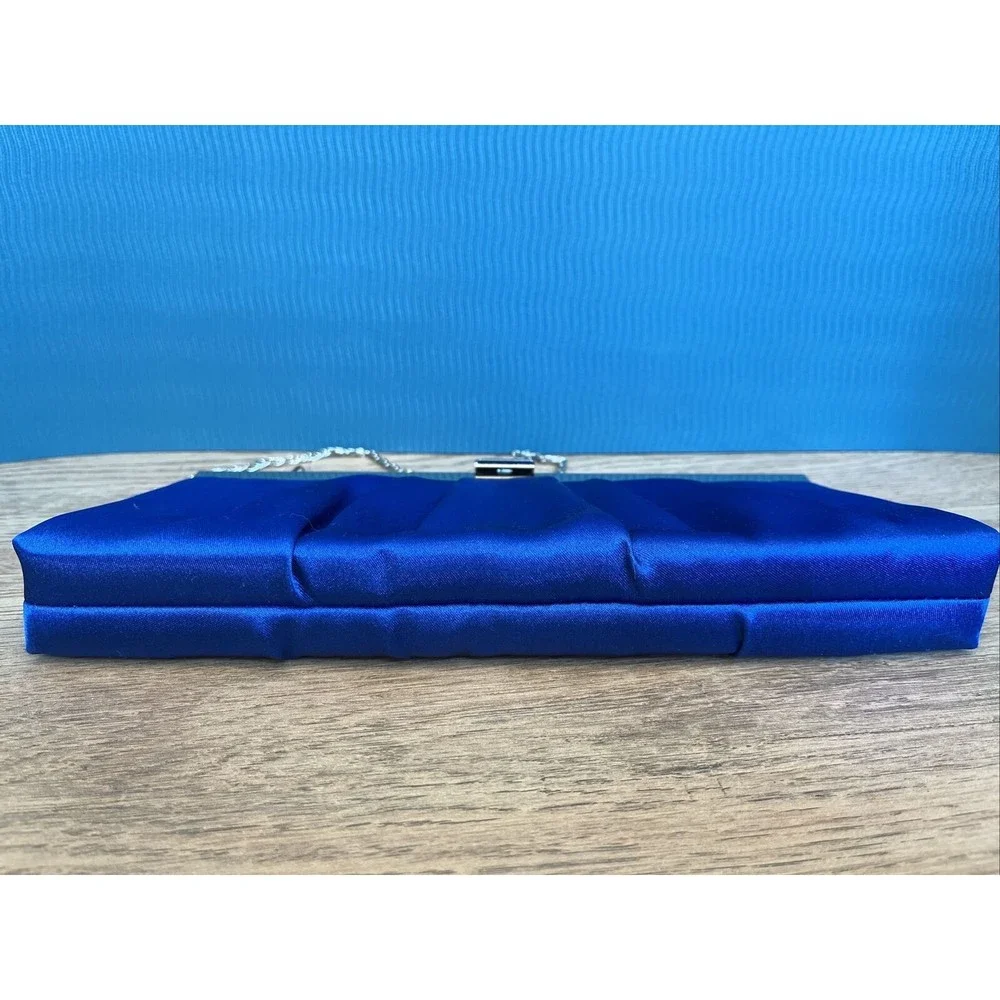 VTG Jessica McClintock Blue Satin Clutch Optional Chain Silver Snap Close